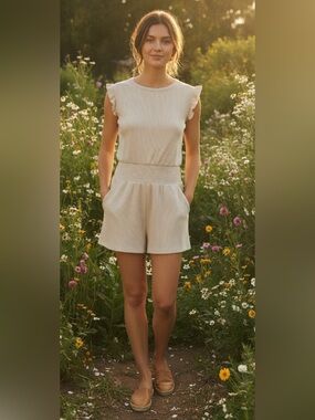 Chaser NWT Ribbed Cream Flutter Sleeve Romper Shorts Pockets Size S
